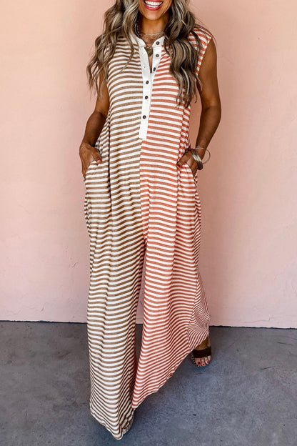 Casual Striped Pocket Contrast O Neck Loose Jumpsuits