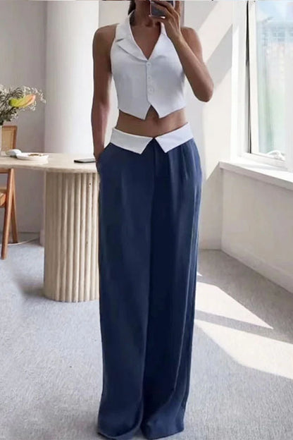 Casual Solid Buckle Turn-back Collar Sleeveless Two Pieces