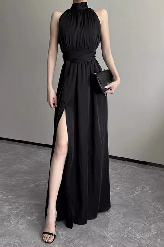 Celebrities Elegant Solid Slit Fold Halter Waist Skirt Dresses