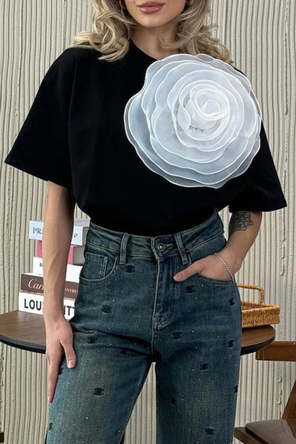 Casual Sweet Solid Flowers O Neck T-Shirts(4 Colors)