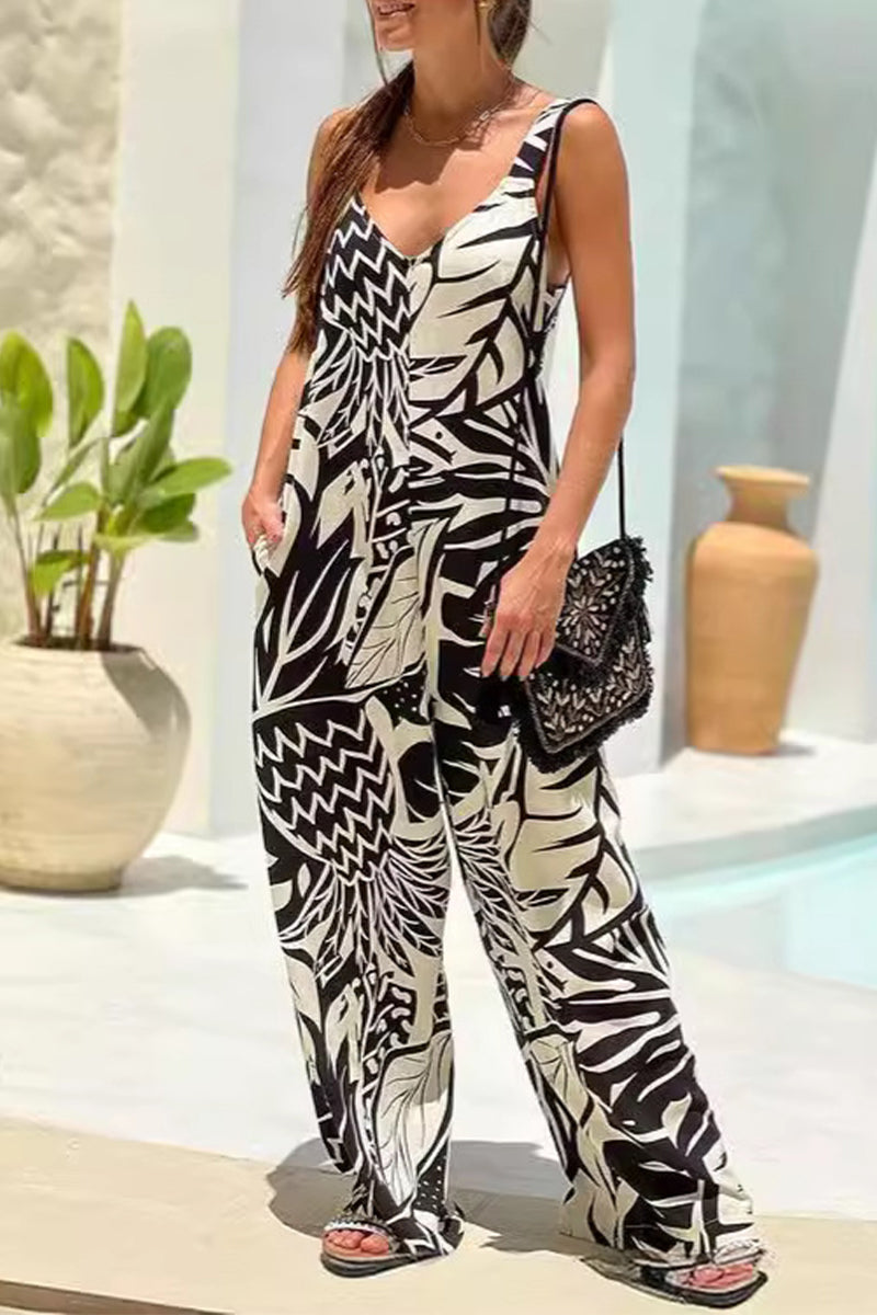 Casual Geometric Print Pocket V Neck Loose Jumpsuits