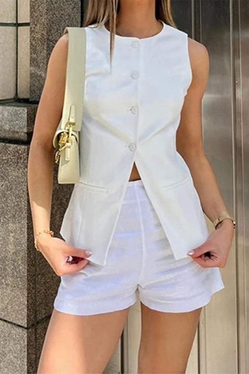 Casual Simplicity Solid Buttons Slit O Neck Sleeveless Two Pieces