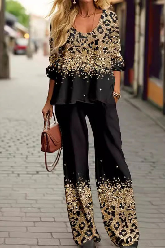 Casual Print Leopard Contrast V Neck Long Sleeve Two Pieces