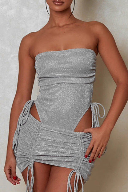 Sexy Solid Draw String Sequined Strapless Sleeveless Two Pieces