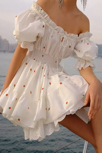 Sweet Fruit printing Patchwork Frenulum Off the Shoulder A Line Dresses