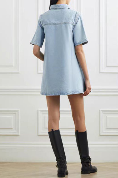 Casual Daily Solid Color Buttons Turndown Collar Short Sleeve Loose Denim Dresses