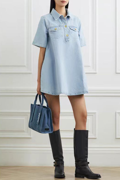 Casual Daily Solid Color Buttons Turndown Collar Short Sleeve Loose Denim Dresses