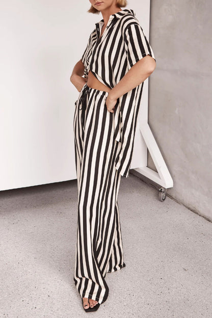 Casual Daily Striped Print Contrast Turndown Collar Short Sleeve Two Pieces