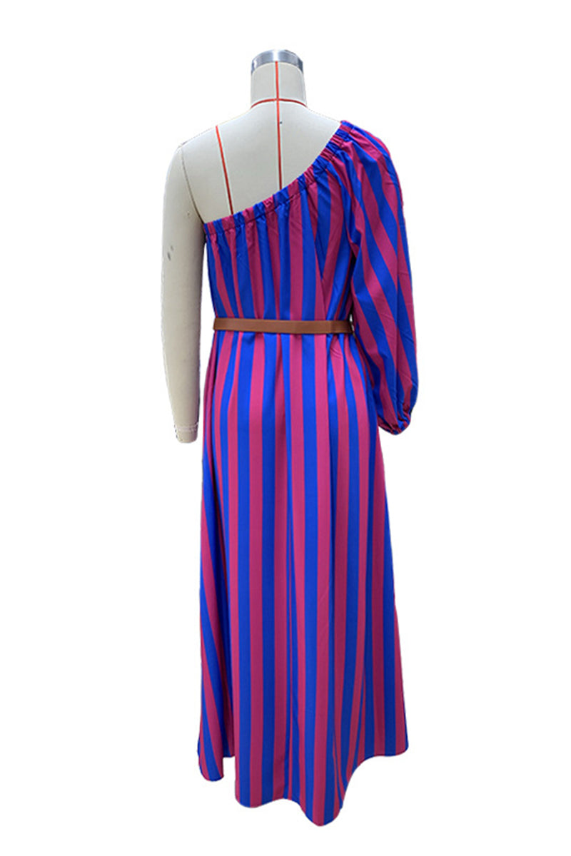 Casual Vacation Striped Print With Belt Oblique Collar Irregular Dresses