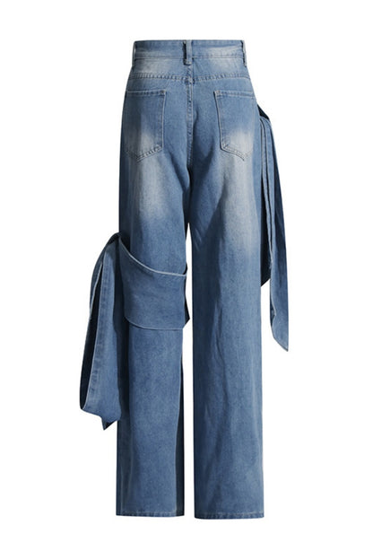 Casual Patchwork Belted High Waist Straight Denim Jeans