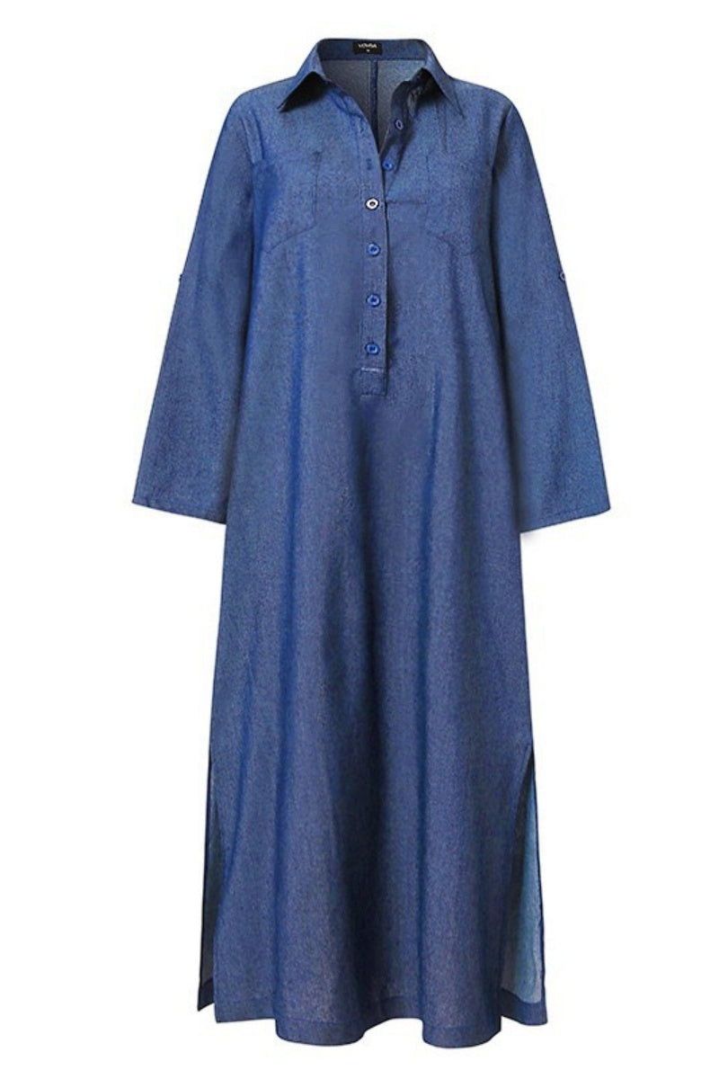 Casual Solid Color Pocket Turndown Collar Long Sleeve Regular Denim Dresses(3 Colors)