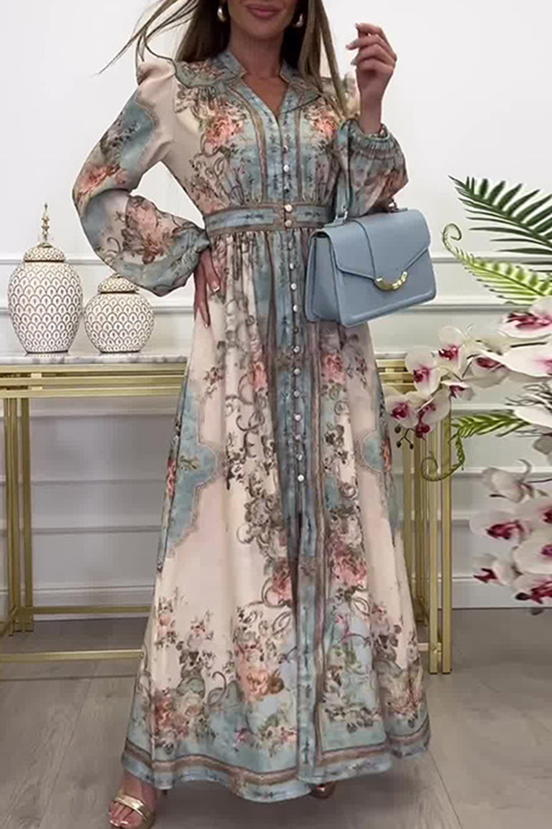 Elegant Floral Print Buckle V Neck A Line Dresses