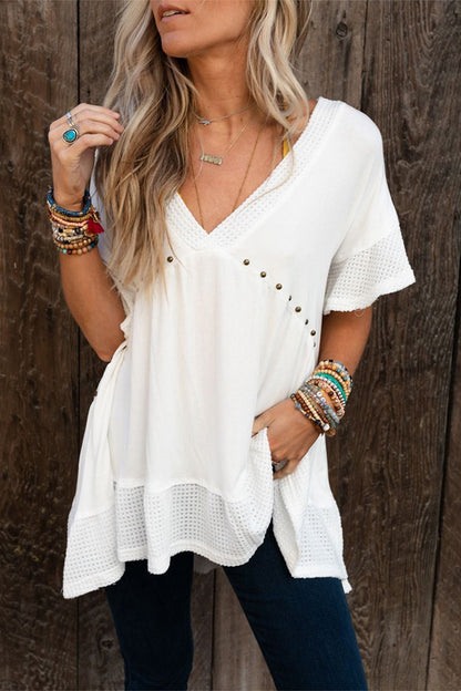 Casual Solid Color Beading V Neck T-Shirts