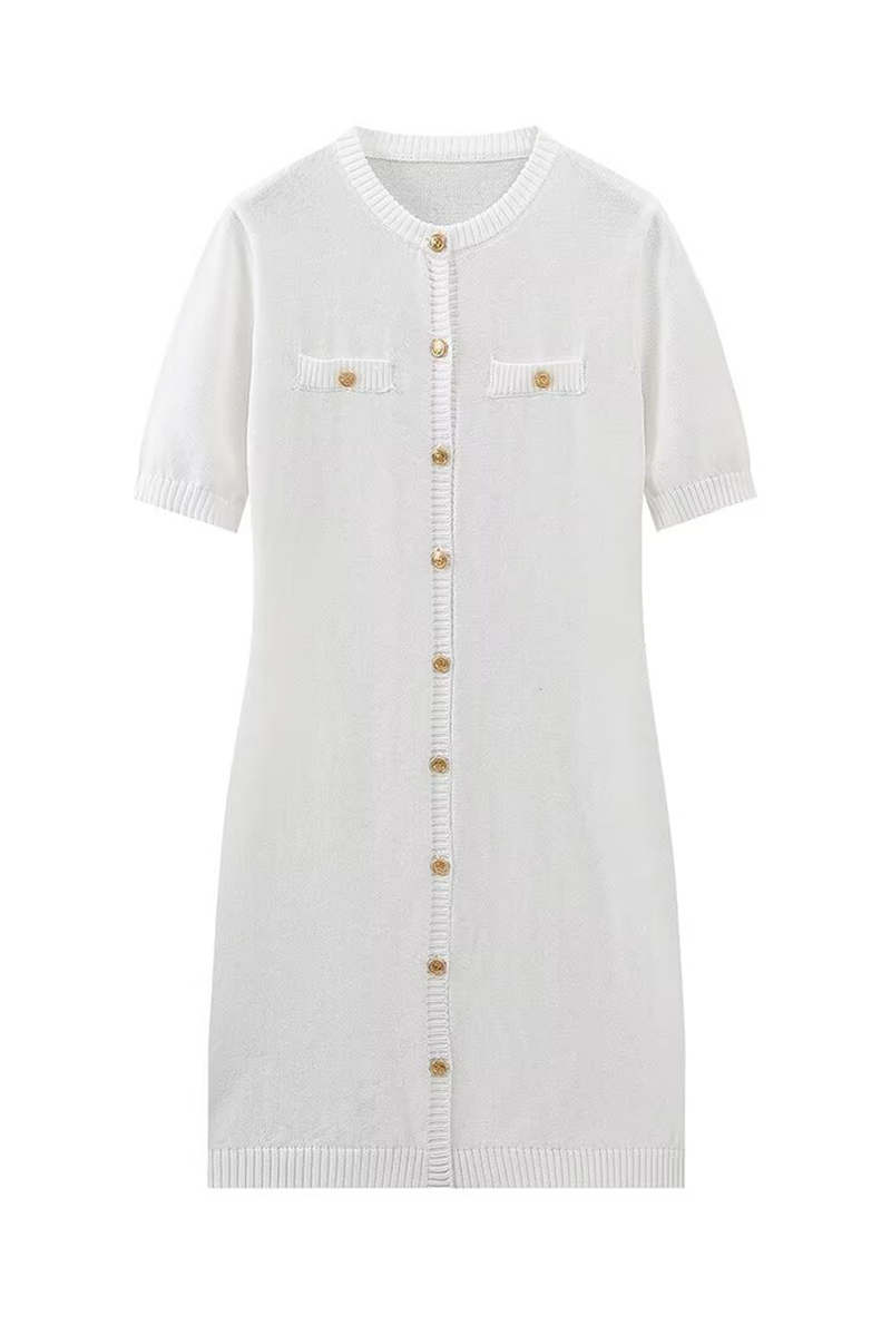 Daily Celebrities Solid Color Buckle O Neck A Line Short Sleeve Dress