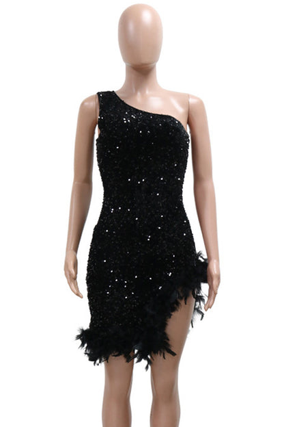 Sexy Sequins Patchwork Backless Feather Hemline Oblique Collar Wrapped Skirt Dresses