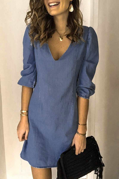 Casual Solid V Neck Denim Dress Dresses(4 Colors)