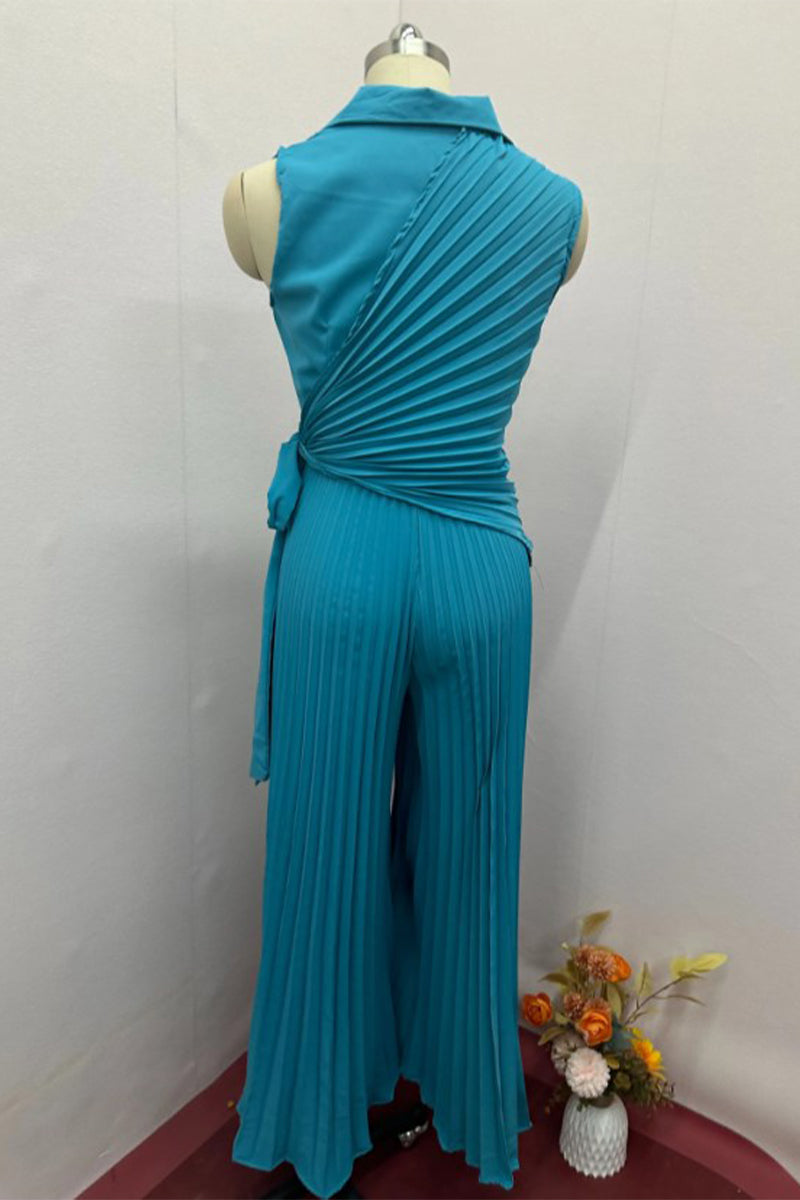 Casual Solid Color Lace Up Ruched Pleated Turn-back Collar Regular Jumpsuits