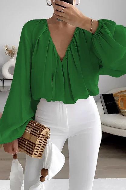 Elegant Solid Color Ruched V Neck Tops