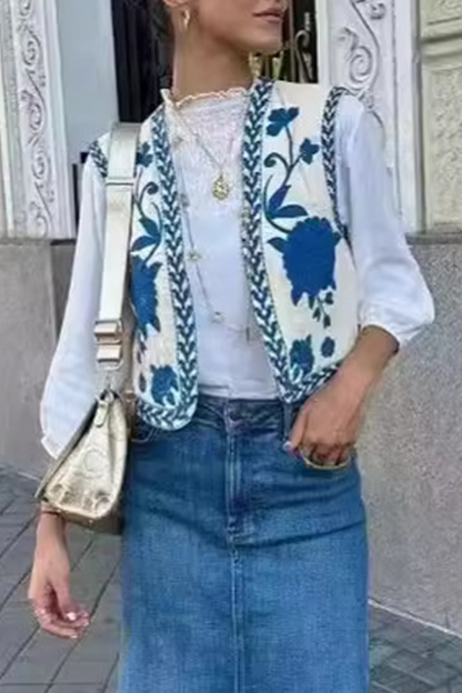 Casual Floral Print Embroidered Cardigan Collar Waistcoats