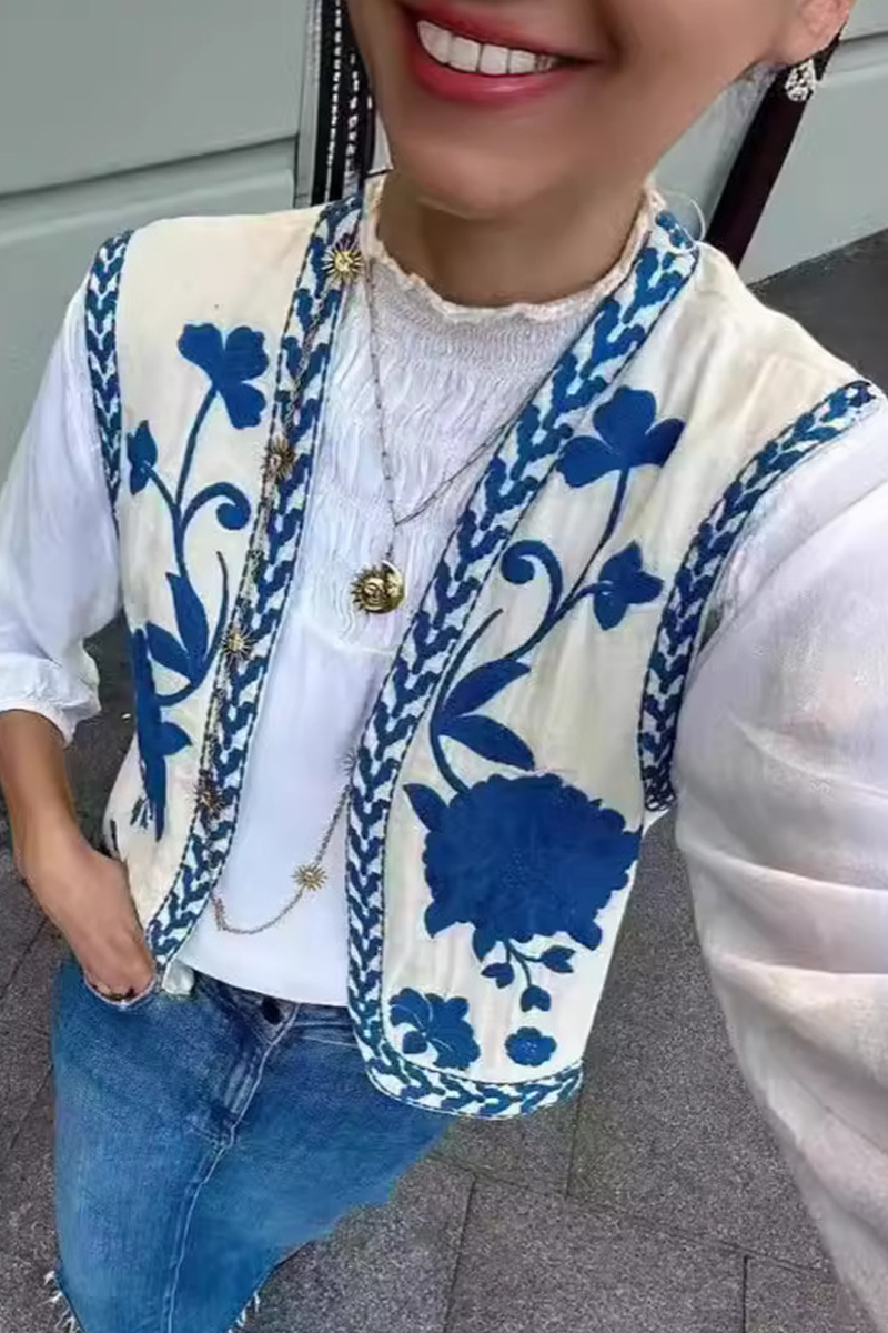 Casual Floral Print Embroidered Cardigan Collar Waistcoats