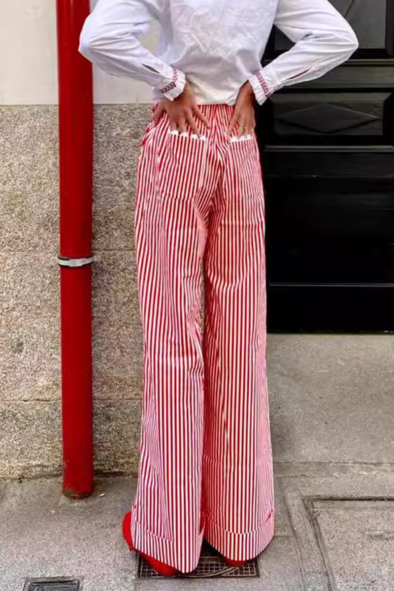 Casual Daily Plaid Stripe Pocket Loose High Waist Straight Full Print Bottoms(4 Colors)