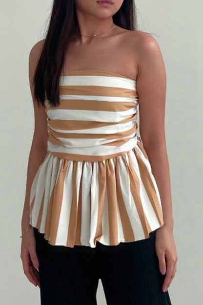 Sexy Striped Print Contrast Strapless Tops