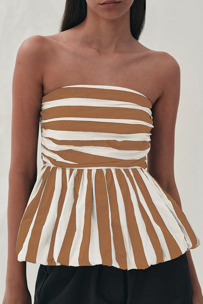 Sexy Striped Print Contrast Strapless Tops