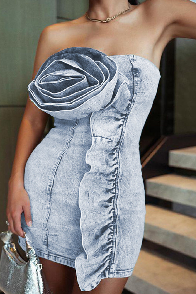 Sexy Casual Flowers Patchwork Backless Strapless Sleeveless Skinny Denim Dresses