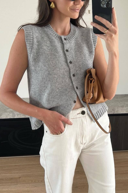 Casual Street Solid Color Buckle O Neck Tops(4 Colors)