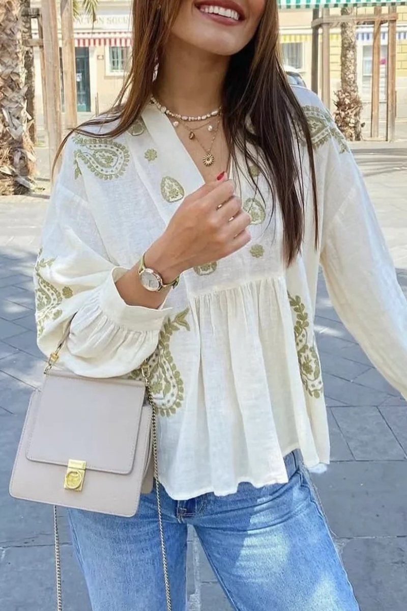 Flowers Embroidered Contrast V Neck Blouses