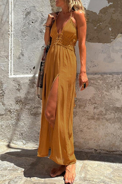 Sexy Vacation Solid Color Slit Strap Design Halter Irregular Dresses