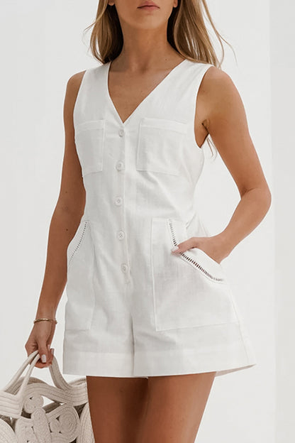 Casual Daily Solid Color Pocket Buttons V Neck Loose Rompers