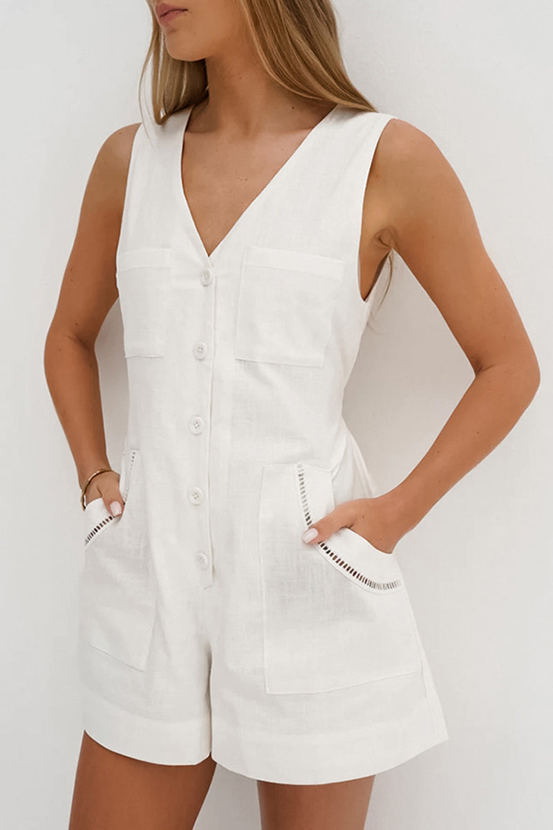 Casual Daily Solid Color Pocket Buttons V Neck Loose Rompers