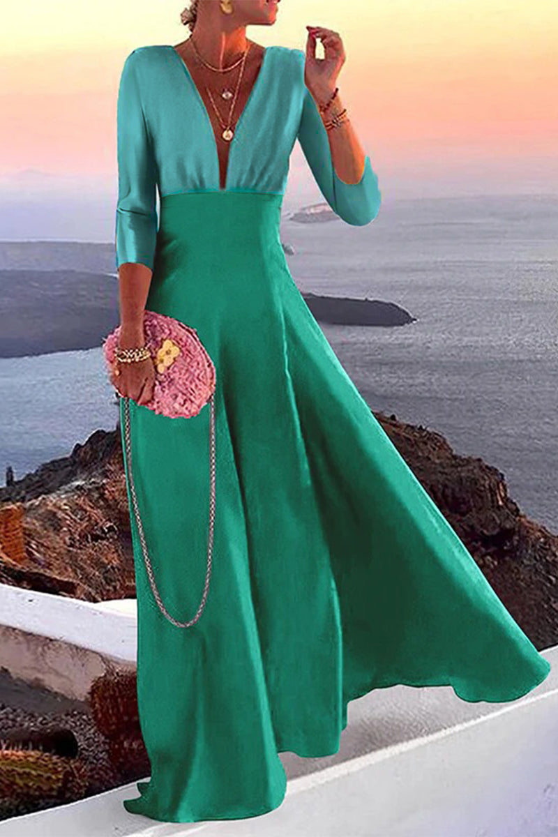 Elegant Vacation Print Patchwork V Neck One Step Skirt Dresses