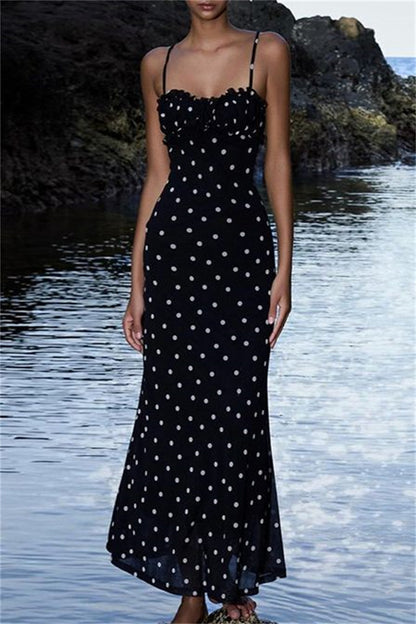 Sexy Casual Polka Dot Print Backless Spaghetti Strap Long Dresses