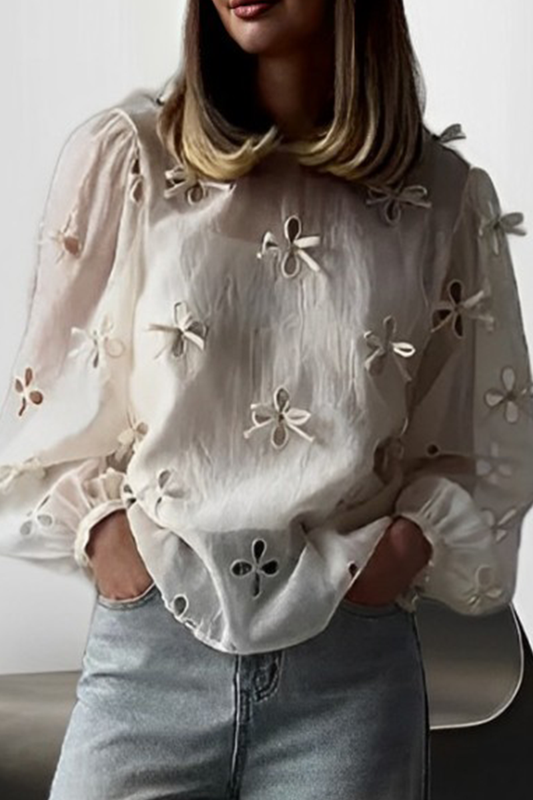 Casual Solid Color Hollow Out Bow Decor O Neck Long Sleeve Two Pieces（Suspenders, long-sleeved shirt）