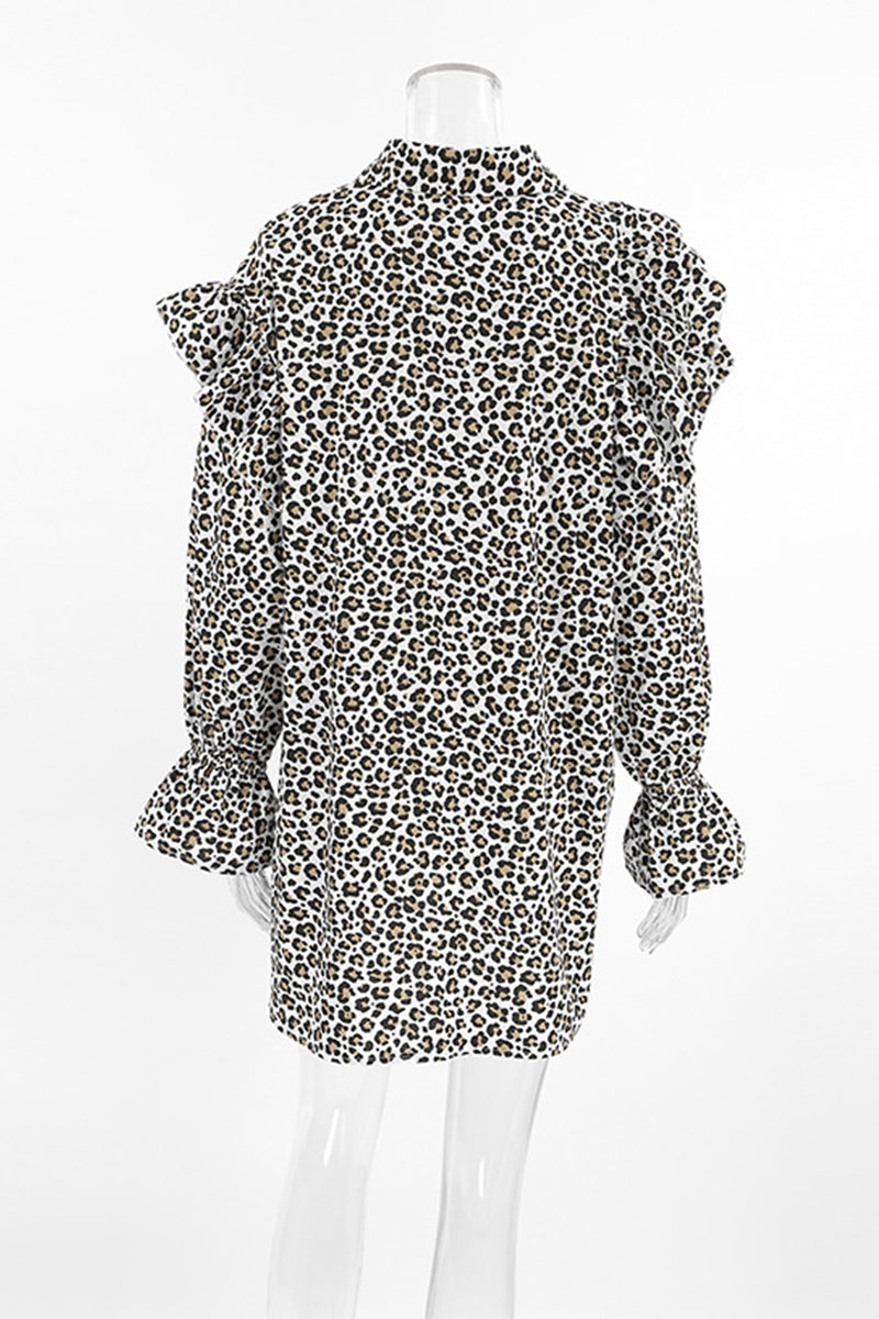 Casual Leopard Print Ruffle Turndown Collar Shirt Dresses