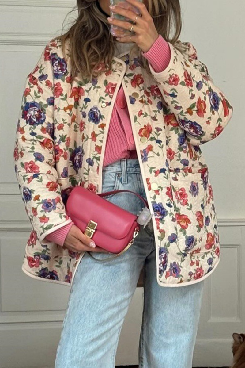 Casual Flowers Pocket Patchwork O Neck Outerwear