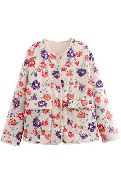 Casual Flowers Pocket Patchwork O Neck Outerwear