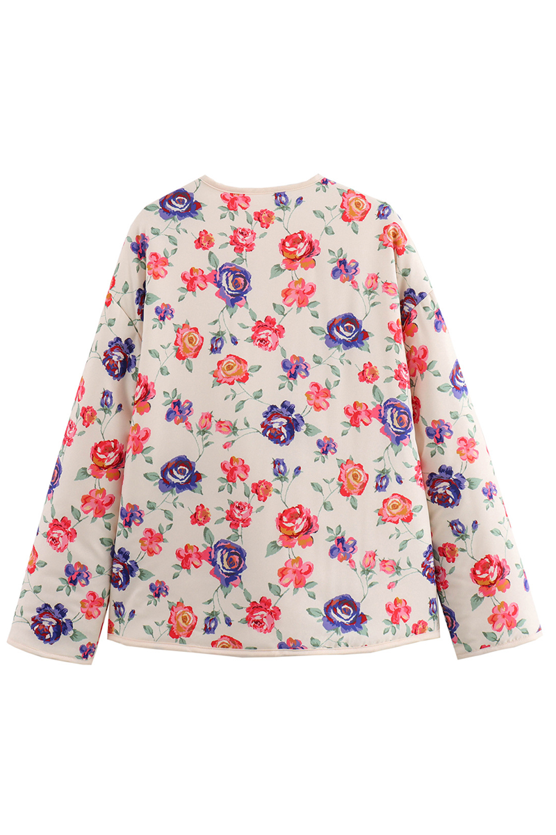 Casual Flowers Pocket Patchwork O Neck Outerwear