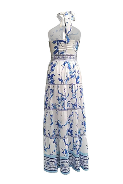 Vacation Elegant Floral Print Hollow Out Backless Halter Sleeveless Dresses