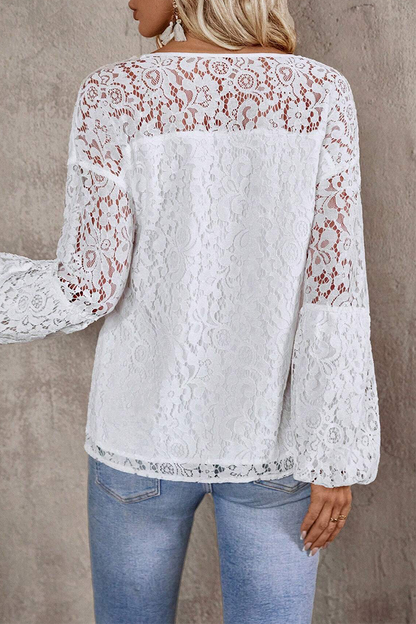 Casual Solid Color Lace Fringed Trim Hollow Out V Neck Tops(4 Colors)