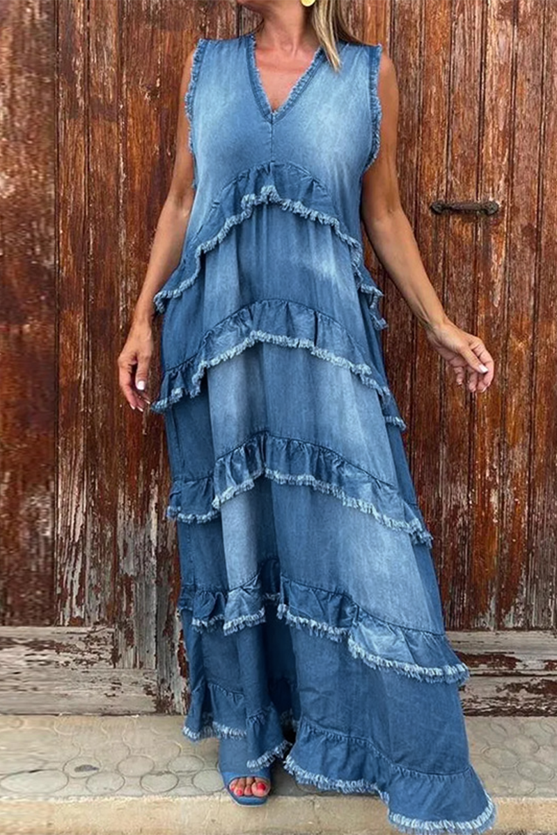 Casual Distressed Ruffle V Neck Sleeveless Loose Denim Dresses(3 Colors)