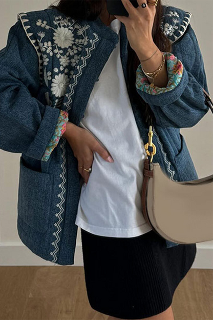 Casual Flowers Embroidered Buckle Patchwork O Neck Outerwear