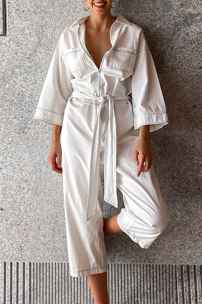 Casual Solid Color Lace Up Patchwork Turndown Collar Loose Jumpsuits