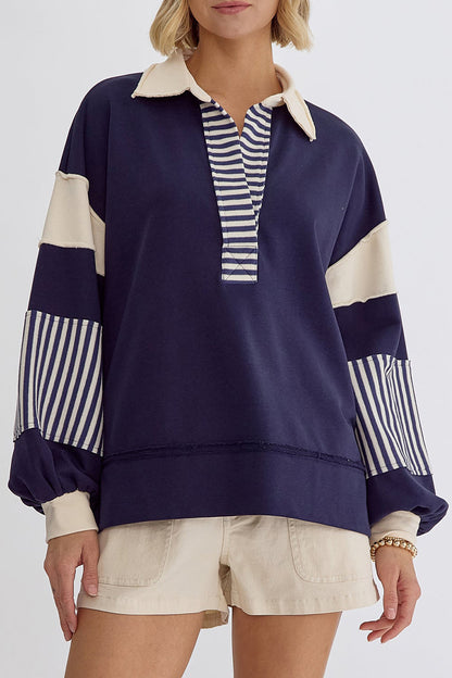 Casual Street Stripe Patchwork Contrast Turndown Collar Hoodies(8 Colors)