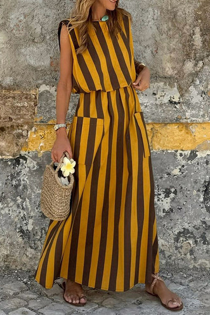 Casual Striped Print Pocket Contrast O Neck Sleeveless Dresses