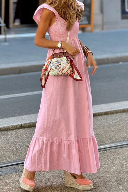 Casual Solid Color Ruffle V Neck A Line Dresses