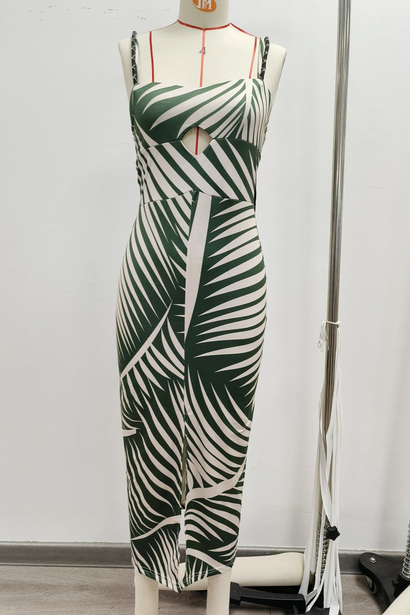 Casual Print Hollow Out Backless Slit Spaghetti Strap Long Dresses