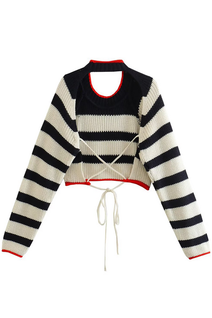 Casual Stripe Lace Up Backless Weave Contrast O Neck Sweaters